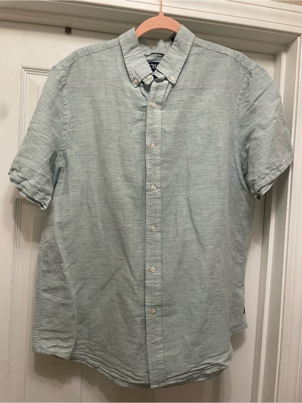 Chaps Men's Light Mint green Short-Sleeve Button-Down Shirt cotton linen blend